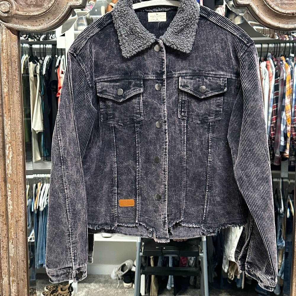 Simply Southern Charcoal Corduroy Acid Washed Jacket with Fleece Collar